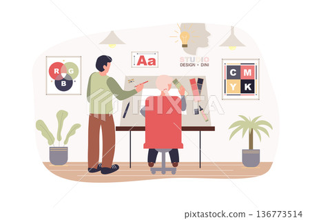 Designers team work at design studio modern flat concept. Man and woman draw and select palette of colors and fonts for creative project. Vector illustration with people scene for web banner design 136773514