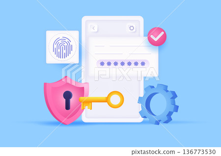 Cyber security at mobile phone concept 3D illustration. Icon composition with password on screen, fingerprint scanner, key and lock in shield, secure access. Vector illustration for modern web design 136773530