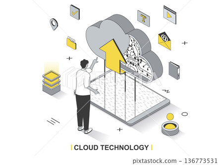 Cloud technology concept in 3d isometric outline design. User uploads and shares files online, creates backup, cloud storage and computing, line web template. Vector illustration with people scene 136773531