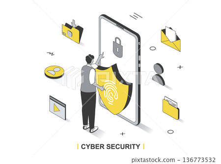 Cyber security concept in 3d isometric outline design. User uses secure login access and fingerprint authentication, internet data protection, line web template. Vector illustration with people scene 136773532