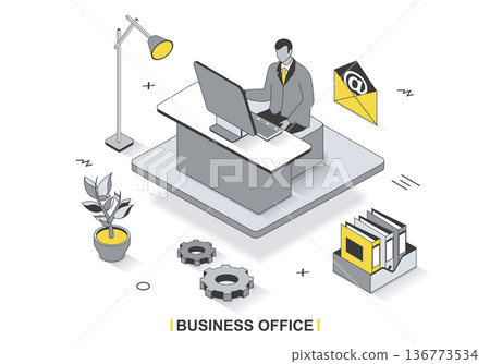 Business office concept in 3d isometric outline design. Employee works on computer at workplace, workflow and document management in company, line web template. Vector illustration with people scene 136773534