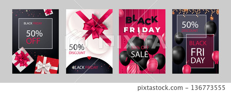 Black Friday Sale set of posters or flyers design with balloons and confetti. Black Friday cover design. Sale discount prices announcement brochure layout. Vector illustration with realistic elements. Black Friday Sale set of posters or flyers design with balloons and confetti. Black Friday cover design. Sale discount prices announcement brochure layout. Vector illustration with realistic elements. 136773555