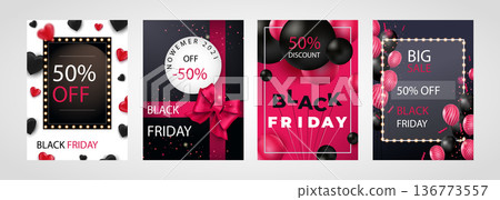Black Friday Sale set of posters or flyers design with balloons and confetti. Black Friday cover design. Sale discount prices announcement brochure layout. Vector illustration with realistic elements. Black Friday Sale set of posters or flyers design with balloons and confetti. Black Friday cover design. Sale discount prices announcement brochure layout. Vector illustration with realistic elements. 136773557