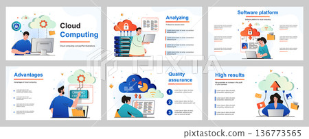 Cloud computing concept for presentation slide template. People uploading files, storage data at server and processing information, using cloud technology. Vector illustration for layout design 136773565