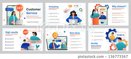 Customer service concept for presentation slide template. Operators answer calls and messages around the clock, consult people and solve technical issues. Vector illustration for layout design 136773567