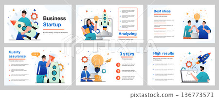 Business startup concept for presentation slide template. Businessman and businesswoman create and launch new projects, development, innovation and investment. Vector illustration for layout design Business startup concept for presentation slide template. Businessman and businesswoman create and launch new projects, development, innovation and investment. Vector illustration for layout design 136773571