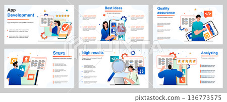App development concept for presentation slide template. People developers generate ideas, create ui design, optimizes programs, software, mobile, application. Vector illustration for layout design 136773575