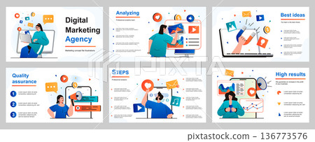 Digital marketing concept for presentation slide template. People make advertising campaigns, promotion online, create communication strategy and analysis data. Vector illustration for layout design Digital marketing concept for presentation slide template. People make advertising campaigns, promotion online, create communication strategy and analysis data. Vector illustration for layout design 136773576