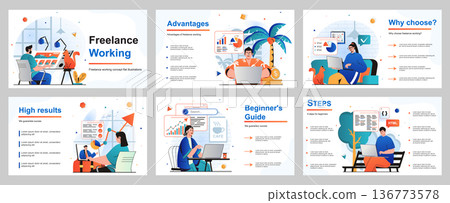 Freelance working concept for presentation slide template. Designers, analysts, programmers work remotely from home offices, seaside resort, coffee shop or park. Vector illustration for layout design 136773578