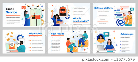 Email service concept for presentation slide template. People sending and receiving letters, advertising or newsletter mails. Online correspondence applications. Vector illustration for layout design Email service concept for presentation slide template. People sending and receiving letters, advertising or newsletter mails. Online correspondence applications. Vector illustration for layout design 136773579