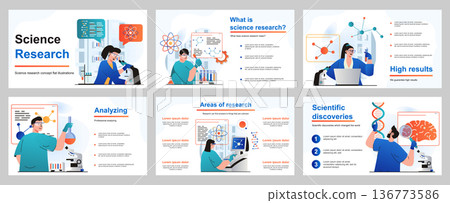 Science research concept for presentation slide template. People scientists make tests and experiments, scientific discoveries, work at professional laboratories. Vector illustration for layout design 136773586