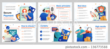 Secure payment concept for presentation slide template. People paying for goods and services online, data protection and security guarantees, saving money. Vector illustration for layout design Secure payment concept for presentation slide template. People paying for goods and services online, data protection and security guarantees, saving money. Vector illustration for layout design 136773588