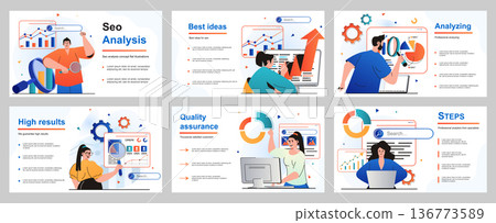 Seo analysis concept for presentation slide template. People analyze website, optimize interface and improve content, promote it to top search, develop strategy. Vector illustration for layout design 136773589