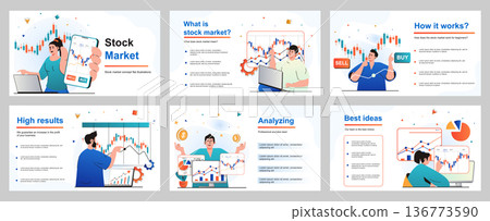 Stock market concept for presentation slide template. People are engaged in trading, analysis financial data graph, buying and selling, investment money. Vector illustration for layout design 136773590
