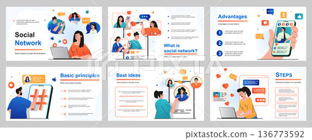 Social network concept for presentation slide template. People browse feeds, follow friends profiles, post photos, comment and like, online communication. Vector illustration for layout design Social network concept for presentation slide template. People browse feeds, follow friends profiles, post photos, comment and like, online communication. Vector illustration for layout design 136773592