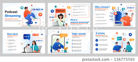 Podcast streaming concept for presentation slide template. People with headphones talking in microphone at live radio show. Listeners enjoying online broadcast. Vector illustration for layout design 136773593