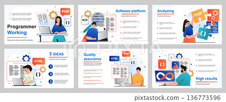 Programmer working concept for presentation slide template. Developers program in different programming languages, create software, coding and optimization. Vector illustration for layout design 136773596