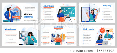 Web design concept for presentation slide template. Female occupations - businesswoman, teacher, hairdresser, veterinarian, seamstress, operator call center. Vector illustration for layout design Web design concept for presentation slide template. Female occupations - businesswoman, teacher, hairdresser, veterinarian, seamstress, operator call center. Vector illustration for layout design 136773598