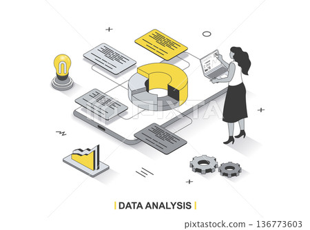 Data analysis concept in 3d isometric outline design. Woman studies statistics and researches graphs and charts, making financial report, line web template. Vector illustration with people scene Data analysis concept in 3d isometric outline design. Woman studies statistics and researches graphs and charts, making financial report, line web template. Vector illustration with people scene 136773603