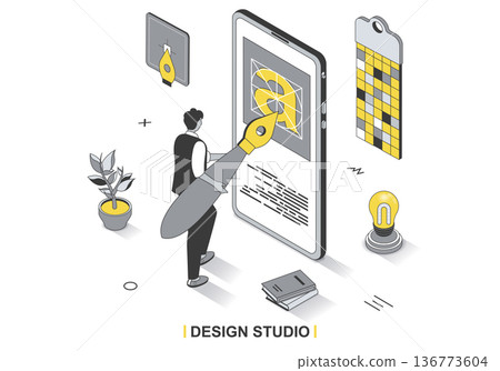 Design studio concept in 3d isometric outline design. Designer with huge brush draws graphic elements for interface of mobile application, line web template. Vector illustration with people scene Design studio concept in 3d isometric outline design. Designer with huge brush draws graphic elements for interface of mobile application, line web template. Vector illustration with people scene 136773604