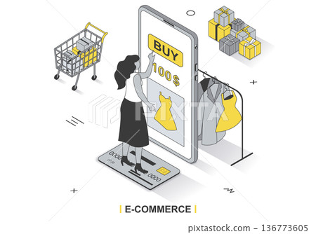 E-commerce concept in 3d isometric outline design. Woman buys clothes in mobile app, pays for purchases with credit card, online shopping, line web template. Vector illustration with people scene 136773605