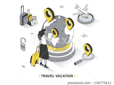 Travel vacation concept in 3d isometric outline design. Woman with luggage chooses directions, search tours, book tickets for plane and hotel, line web template. Vector illustration with people scene 136773612
