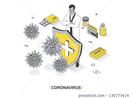 Stop coronavirus concept in 3d isometric outline design. Medic protects health from virus, caution and prevention measures, disease treatment, line web template. Vector illustration with people scene Stop coronavirus concept in 3d isometric outline design. Medic protects health from virus, caution and prevention measures, disease treatment, line web template. Vector illustration with people scene 136773614