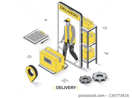 Delivery service concept in 3d isometric outline design. Warehouse worker carries parcel, courier delivers box, fast shipping transportation, line web template. Vector illustration with people scene Delivery service concept in 3d isometric outline design. Warehouse worker carries parcel, courier delivers box, fast shipping transportation, line web template. Vector illustration with people scene 136773616