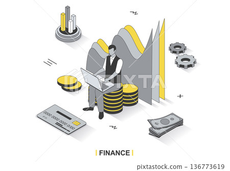 Finance concept in 3d isometric outline design. Man analyzes financial statistics, invests money, increases profit, auditing and accounting, line web template. Vector illustration with people scene 136773619