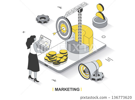Marketing concept in 3d isometric outline design. Woman doing market research, developing strategy, targeting, promoting successful business, line web template. Vector illustration with people scene Marketing concept in 3d isometric outline design. Woman doing market research, developing strategy, targeting, promoting successful business, line web template. Vector illustration with people scene 136773620