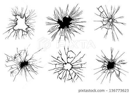 Broken glass stamp set isolated elements. Bundle of cracked mirror effect, crushed glass with bullet hole, broken surface with cracks, grunge texture. Vector illustration in flat cartoon design. 136773623