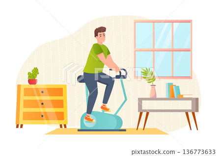 Sport training at home flat concept people scene. Man rides exercise bike and does cardio workout in room. Sportsman exercising at stationary bicycle machine. Vector illustration for web banner design 136773633