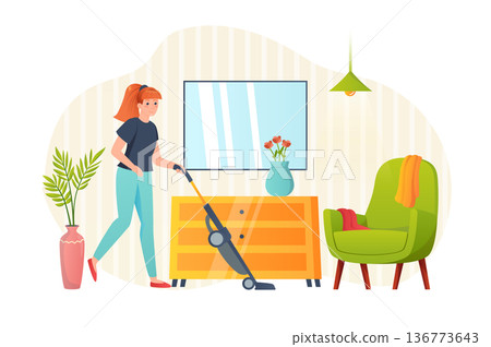 Woman cleaning at home flat concept people scene. Young girl vacuums floor in room, cleanup apartment and performs daily household chores and housework. Vector illustration for web banner design Woman cleaning at home flat concept people scene. Young girl vacuums floor in room, cleanup apartment and performs daily household chores and housework. Vector illustration for web banner design 136773643