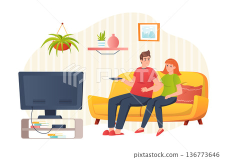 Couple watching TV at home flat concept people scene. Man and woman sitting on sofa and switches channels. Husband and wife enjoying movie in living room. Vector illustration for web banner design Couple watching TV at home flat concept people scene. Man and woman sitting on sofa and switches channels. Husband and wife enjoying movie in living room. Vector illustration for web banner design 136773646