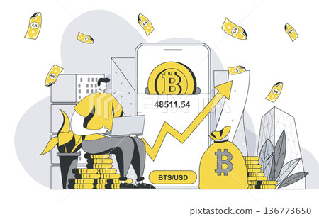 Cryptocurrency investment concept with outline people scene. Man buys bitcoins and increases income, digital money and success crypto business. Vector illustration in flat line design for web template 136773650