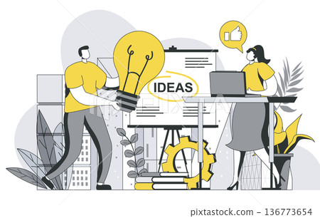 Creative agency concept with outline people scene. Team generates creative ideas and brainstorms, develops advertising campaign for business. Vector illustration in flat line design for web template Creative agency concept with outline people scene. Team generates creative ideas and brainstorms, develops advertising campaign for business. Vector illustration in flat line design for web template 136773654