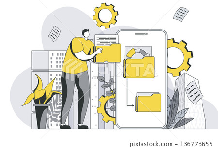 Cyberspace management concept with outline people scene. Man interacts with storage system and manages digital files, documents and data. Vector illustration in flat line design for web template Cyberspace management concept with outline people scene. Man interacts with storage system and manages digital files, documents and data. Vector illustration in flat line design for web template 136773655