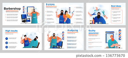 Barbershop concept for presentation slide template. Hairdresser makes haircuts and shaves beards of clients, professional hair care service in male salon. Vector illustration for layout design Barbershop concept for presentation slide template. Hairdresser makes haircuts and shaves beards of clients, professional hair care service in male salon. Vector illustration for layout design 136773670