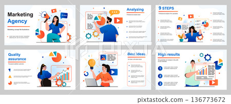 Marketing concept for presentation slide template. Marketers and analysts work at agency, make advertising campaigns, analyze data, increase business income. Vector illustration for layout design 136773672