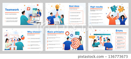 Teamwork concept for presentation slide template. People work together, generate ideas, discuss tasks, analyze data, targeting, achieving goals, collaboration. Vector illustration for layout design 136773673