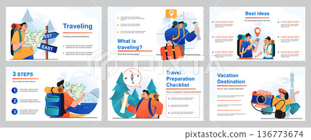 Traveling concept for presentation slide template. People with backpacks or luggage go on vacation for travel, hiking, visiting different cities and sightseeing. Vector illustration for layout design Traveling concept for presentation slide template. People with backpacks or luggage go on vacation for travel, hiking, visiting different cities and sightseeing. Vector illustration for layout design 136773674