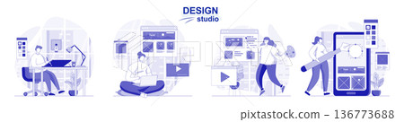 Design studio isolated set in flat design. People draw graphic elements and create web content, collection of scenes. Vector illustration for blogging, website, mobile app, promotional materials. 136773688