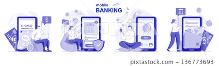 Mobile banking isolated set in flat design. People make financial transactions using application, collection of scenes. Vector illustration for blogging, website, mobile app, promotional materials. 136773693