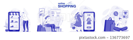 Online shopping isolated set in flat design. People choose clothes and pay for purchases on site, collection of scenes. Vector illustration for blogging, website, mobile app, promotional materials. Online shopping isolated set in flat design. People choose clothes and pay for purchases on site, collection of scenes. Vector illustration for blogging, website, mobile app, promotional materials. 136773697