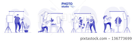 Photo studio isolated set in flat design. People take photos on professional camera with lights, collection of scenes. Vector illustration for blogging, website, mobile app, promotional materials. 136773699