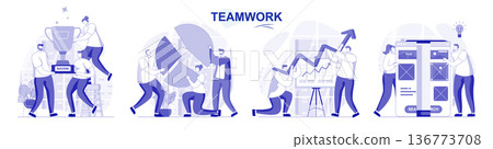 Teamwork isolated set in flat design. People brainstorming, collaboration, work at office together, collection of scenes. Vector illustration for blogging, website, mobile app, promotional materials. 136773708