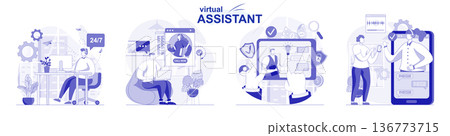 Virtual assistant isolated set in flat design. People advise clients, resolve issues by video call, collection of scenes. Vector illustration for blogging, website, mobile app, promotional materials. Virtual assistant isolated set in flat design. People advise clients, resolve issues by video call, collection of scenes. Vector illustration for blogging, website, mobile app, promotional materials. 136773715