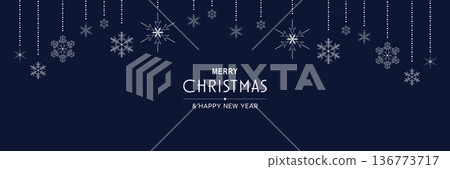 Merry Christmas and New Year 2022 poster. Xmas minimal banner design with hanging snowflakes and text on blue background. Horizontal festive header of website. Vector illustration for greeting card 136773717