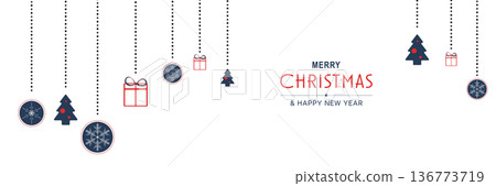 Merry Christmas and New Year 2022 poster. Xmas minimal banner design with hanging trees, gifts, balls and text on white background. Horizontal website header. Vector illustration for greeting card Merry Christmas and New Year 2022 poster. Xmas minimal banner design with hanging trees, gifts, balls and text on white background. Horizontal website header. Vector illustration for greeting card 136773719