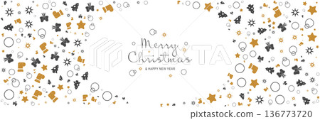 Merry Christmas and New Year 2022 poster. Xmas minimal banner design with trees, stars, bows, socks pattern and text on white background. Horizontal web header. Vector illustration for greeting card Merry Christmas and New Year 2022 poster. Xmas minimal banner design with trees, stars, bows, socks pattern and text on white background. Horizontal web header. Vector illustration for greeting card 136773720